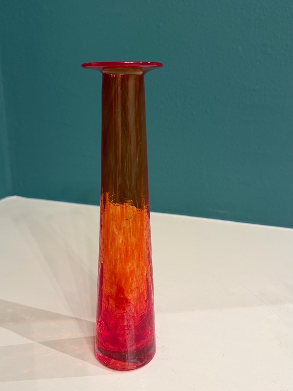 Vintage Artist Signed Hand Blown Art Glass Vase Red Crackle Thumbprint 9” MCM